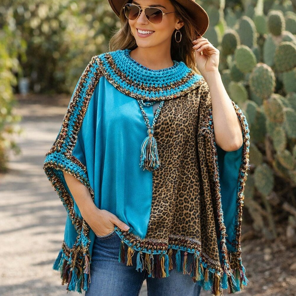 Handmade Boho Turquoise & Leopard Print Cape Shawl One Size Sweater
